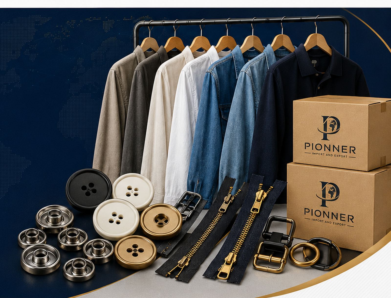 Garment rack with shirts and denim jackets beside Pioneer export boxes, buttons, snap fasteners, zippers and metal buckles