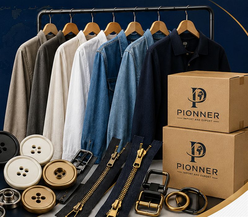 Rack of shirts, denim jackets and a navy polo above buttons, zippers and buckles