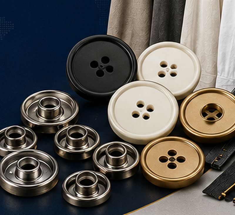 Black, ivory and brass four-hole buttons beside nickel snap fasteners