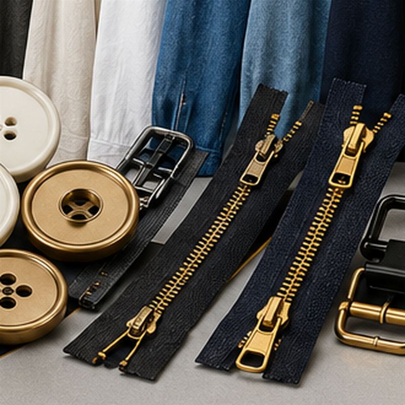 Finished gold-tooth zippers and brass buttons off the line