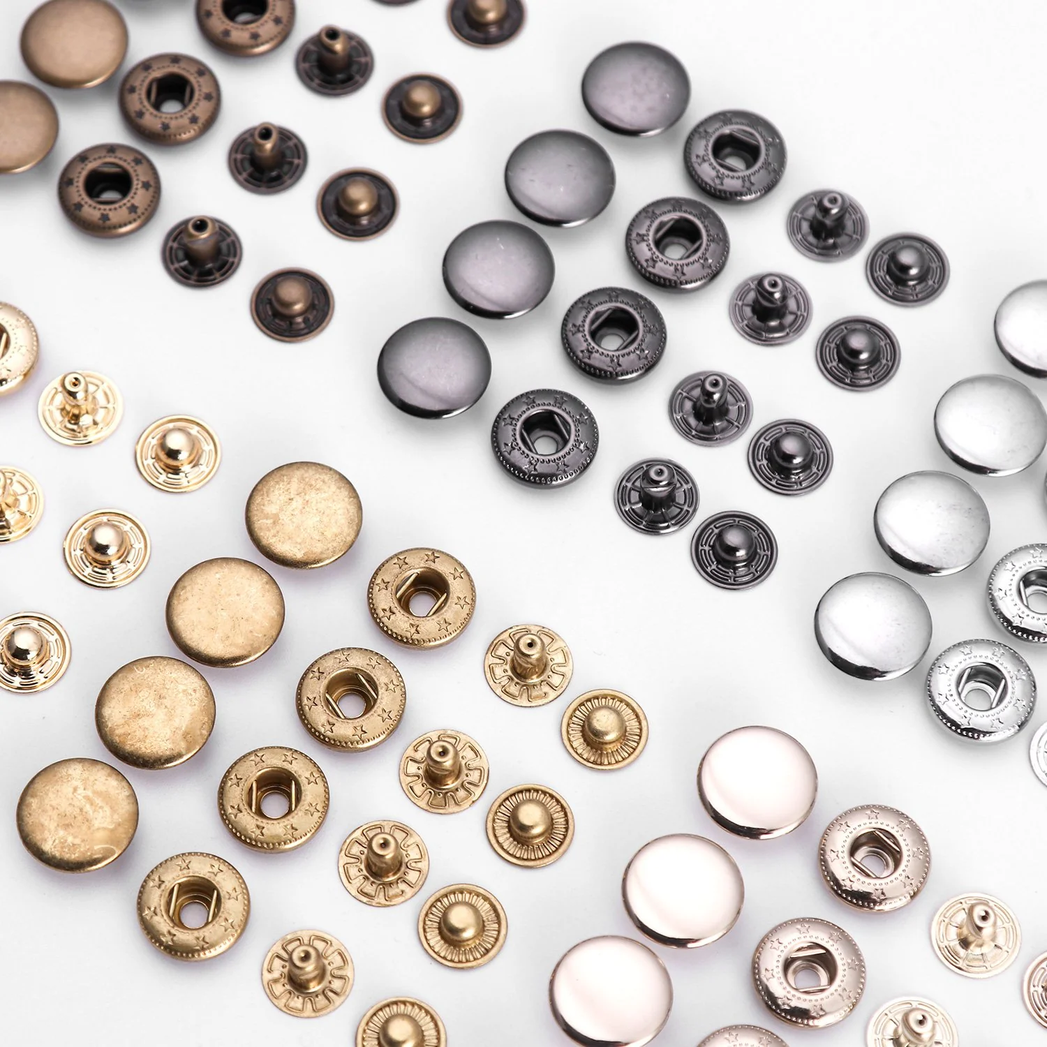 Brass, antique brass and gunmetal snap fastener sets