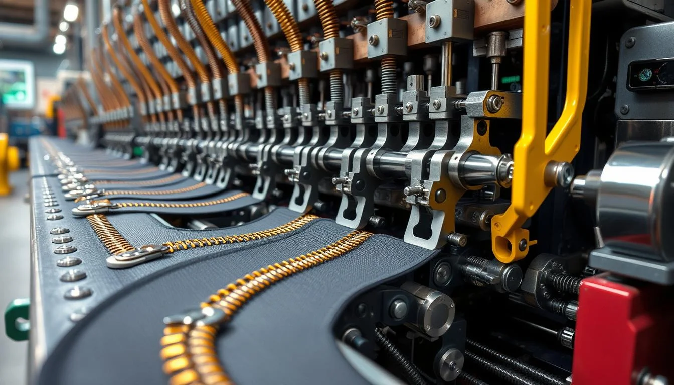 Zipper production line: rows of press heads running gold-tooth tape through the machine